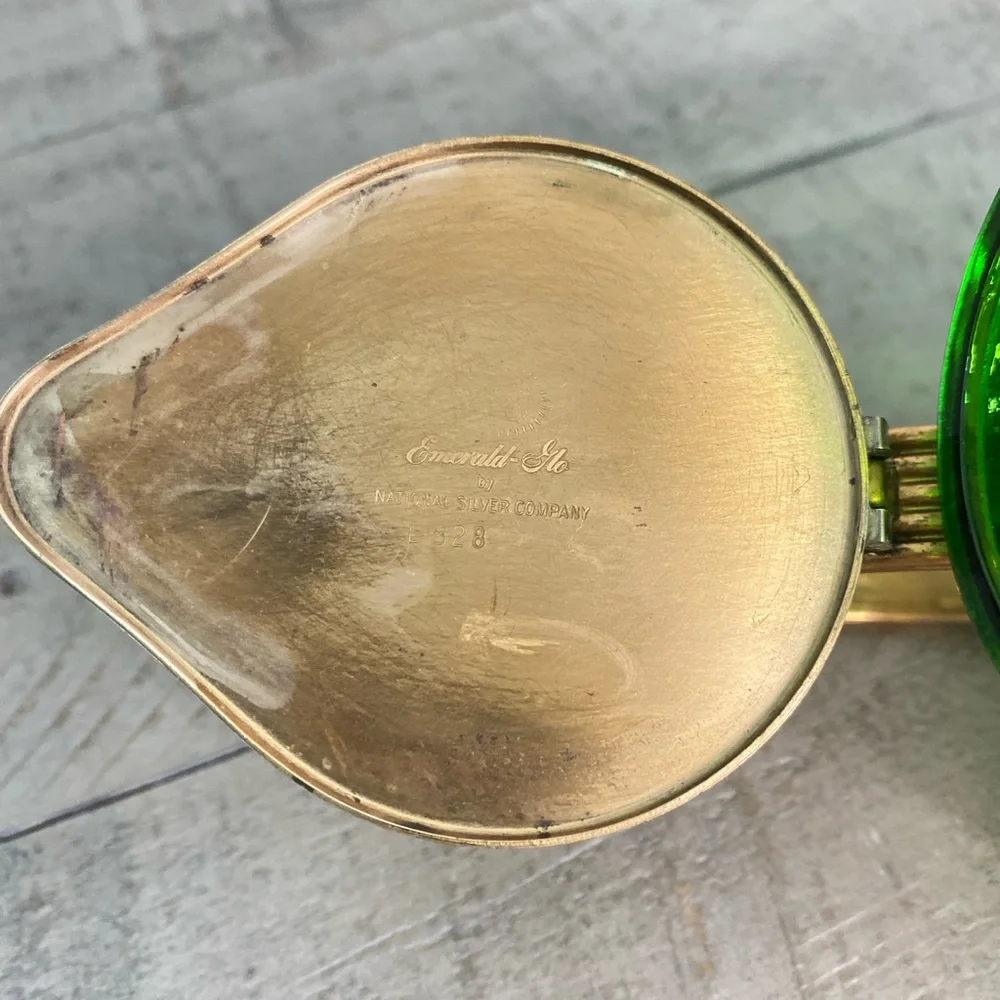 Vintage Emerald Glo Star Cut Green Glass Brass Pitcher Saucer National SilverCo